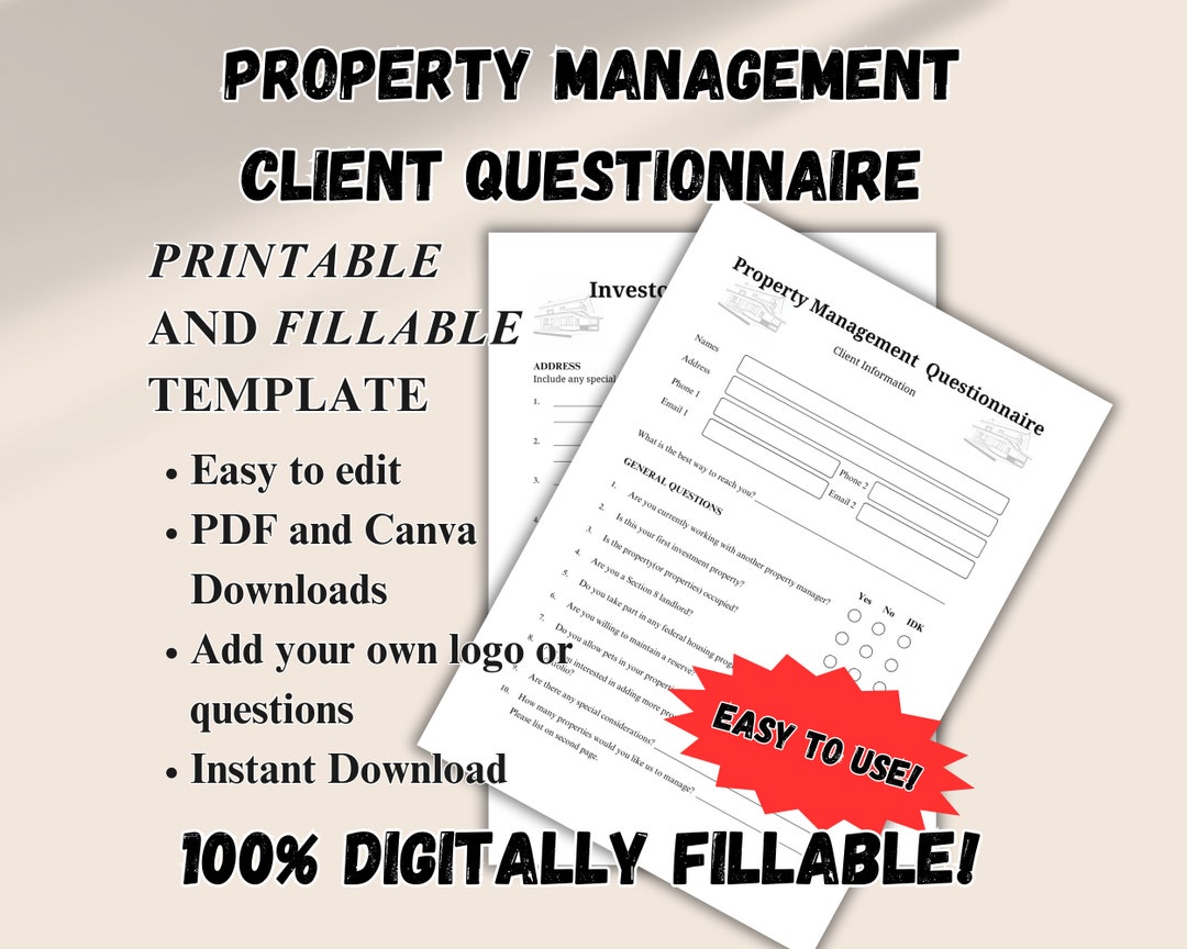 Property Management Client Questionnaire, 2 Pages, Printable and