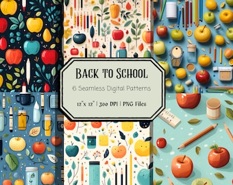 Back to School Digital Art Paper | 6 Seamless Prints, School Themed Repeating Pattern, Wallpaper Background, Scrapbook, Commercial Use