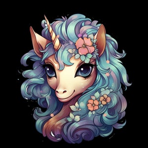 May include: A cartoon unicorn with a gold horn and blue and purple hair. The unicorn is wearing a flower crown with pink flowers and green leaves.