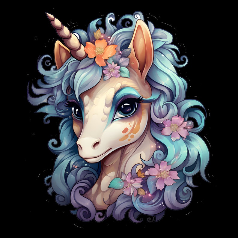 May include: A blue and white unicorn with a horn, blue eyes, and a floral crown. The unicorn has a light brown ear and a light brown nose. The unicorn is surrounded by blue and purple swirls and flowers.