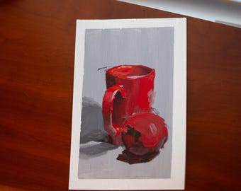 Origineel schilderij kopje en appel - Stilleven - muurkunst keuken