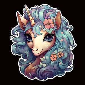 May include: A cartoon unicorn with a blue and purple mane and tail. The unicorn has a gold horn and is wearing a flower crown with pink and white flowers. The unicorn has blue eyes and a pink nose. The background is black.