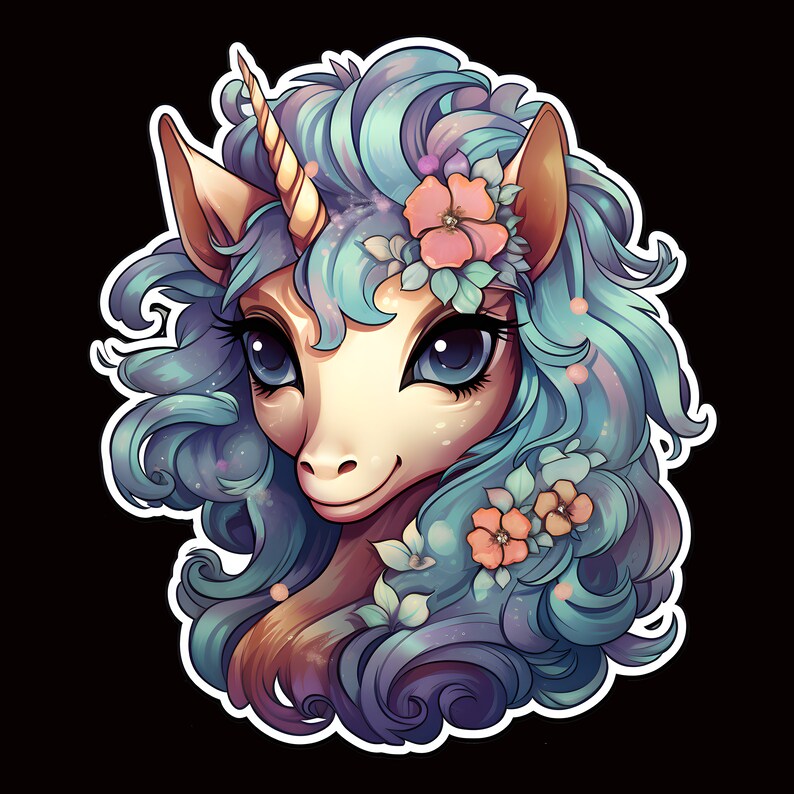 May include: A cartoon unicorn with a blue and purple mane and tail. The unicorn has a gold horn and is wearing a flower crown with pink and white flowers. The unicorn has blue eyes and a pink nose. The background is black.