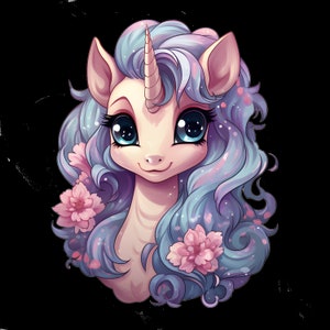 May include: A cartoon unicorn with a pink body, blue and purple hair, and a white horn. The unicorn has large blue eyes and a pink nose. The unicorn is surrounded by pink flowers.