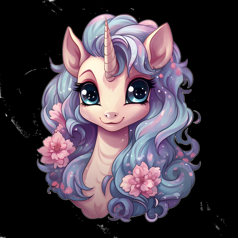 May include: A cartoon unicorn with a pink body, blue and purple hair, and a white horn. The unicorn has large blue eyes and a pink nose. The unicorn is surrounded by pink flowers.