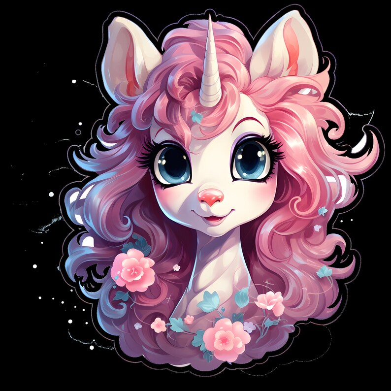 May include: A pink unicorn with a blue eye and a pink horn. The unicorn has a pink mane and tail, and is surrounded by pink flowers and green leaves.