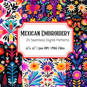 Mexican Embroidery Art Digital Paper | 24 Seamless Prints, Folk Art Digital Paper, Mexican Pattern, Flowers Background, Scrapbook, Decor
