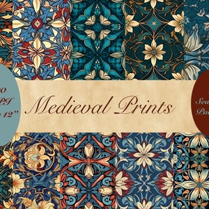 May include: A set of 11 seamless digital paper patterns in a medieval style. The patterns feature intricate floral designs in shades of blue, green, yellow, and red. The digital papers are 300 DPI and measure 12 inches by 12 inches.