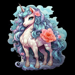 May include: A white unicorn with a blue and purple mane and tail. The unicorn has a pink flower behind its ear and a large pink flower on its back. The unicorn is standing in a blue and purple background with white clouds.