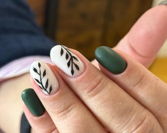 Matte Forest Green Botanical Leaf Press On Nails | Handmade Nature Inspired Gel