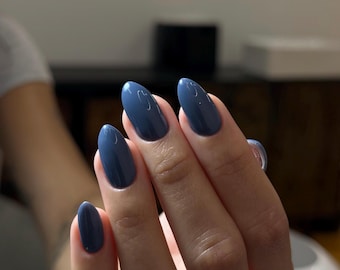 Dusty Blue Almond Press On Nails | Glossy Slate Minimalist Fake Nails | Reusable Handmade Manicure