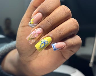 Floral French Tip Press On Nails | Yellow Bow Accent, Square Designer Set