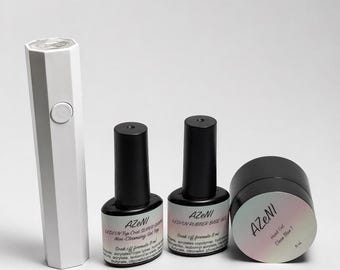 Builder Gel Nail Kit – Rubber Base + Hard Gel 15ml + No Wipe Top + Flashlight | Strong Nails System | LED UV Gel Set | AZeNI