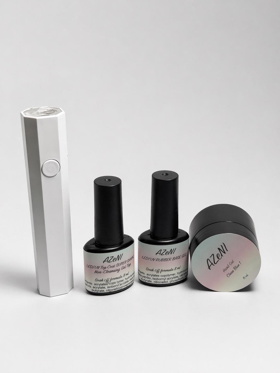 Builder Gel Nail Kit - Rubber Base + Hard Gel 15ml + No Wipe Top + Flashlight Strong Nails System LED UV Gel Set AZeNI