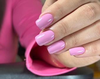 Handmade Glossy Bubblegum Pink Short Square Gel Nails | Minimalist Everyday Press Ons