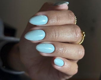 Handmade Pastel Blue Almond Press On Nails | Glossy Minimalist Spring Nails