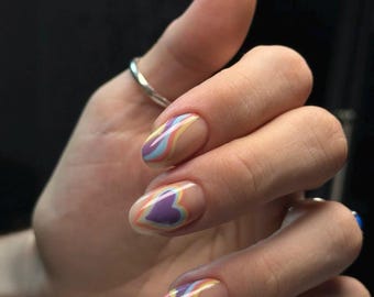 Rainbow Swirl Heart Press On Nails | Handmade Design
