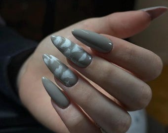 Grey Cloud Press On Nails | Soft Abstract Design | Handmade Glossy Nails