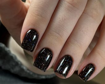 Black Glitter Galaxy Press On Nails | Short Square Handmade Gel Fake Nails