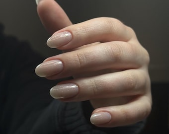 Milky Beige Shimmer Press On Nails | Elegant Bridal, Clean Girl Reusable Set
