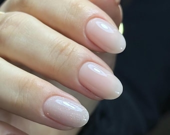 Milky Pink Almond Press On Nails | Glazed Shimmer Gel Manicure