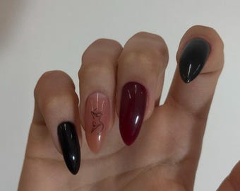 Black & Burgundy Press On Nails | Minimal Line Art Accent | Handmade Glossy Nails