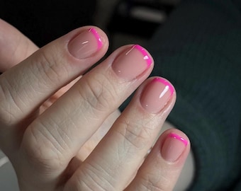 Hot Pink French Tip Press On Nails | Neon Short Round Reusable Handmade Set