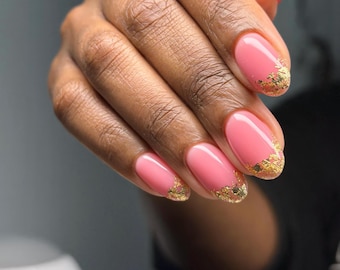 Pink Gold Foil Almond Press On Nails | Soft Glitter French Tips, Reusable Fake Nails