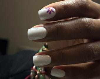 White Floral Press On Nails | Hand-Painted Purple Flower | Short Square Glossy Set
