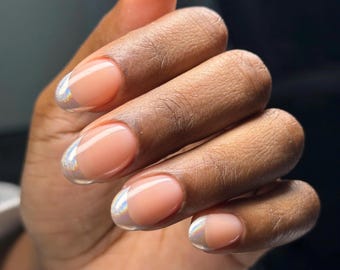 Glazed French Tip Press On Nails Nude Pink | Milky Chrome Almond Nails | Minimalist Luxury Fake Nails | Reusable Gel Pressons