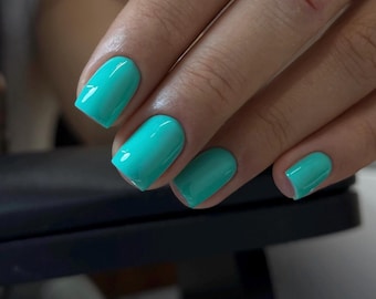 Mint Green Press On Nails Short Square | Tiffany Blue Glossy Nails | Handmade Reusable Fake Nails | Minimalist Summer Nail Set | Custom Size