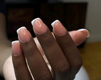 Classic French Tip Press On Nails | Short Square Nude French Nails | Clean Girl Aesthetic | Bridal Wedding Press Ons | Reusable Nail Set