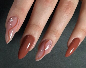 Mocha Nude Press On Nails | Minimal Floral Design | Handmade Luxury Nails