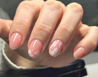 Soft Pink Floral Almond Press On Nails | Minimalist Handmade Gel Nail Art