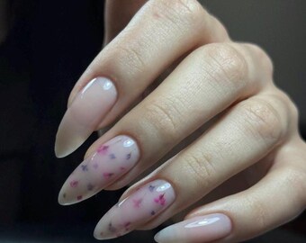 Sheer Nude Press On Nails | Floral Accent Design | Handmade Elegant Nails