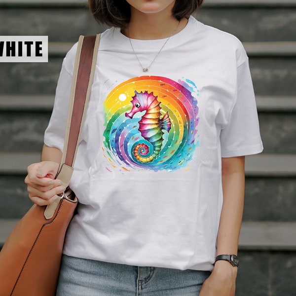Watercolor Seahorse Shirt, Colorful Sea Creatures Tshirt, Ocean Horse Top, Oceanic Art Gift, Hippocampus Shirt, Nautical Clothing, Beach Tee