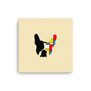May include: A black and white silhouette of a French bulldog's head with a colorful geometric pattern on the right side of the face. The pattern is made up of red, yellow, blue, and white squares.