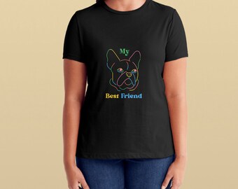 Op de afbeelding: Zwart T-shirt met een kleurrijke omtrek van een Franse bulldog en de tekst "My Best Friend".