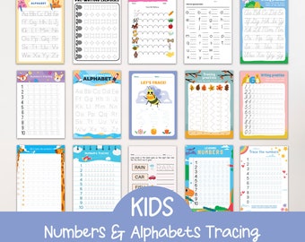 Numbers and Alphabets Learning Worksheets, Kids Learning Bundle, Activity for Kids, Preschool Learning Bundle for Kids