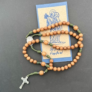 Handmade White Oak Rosary – Green Paracord, Miraculous Medal Center, Benedict Crucifix