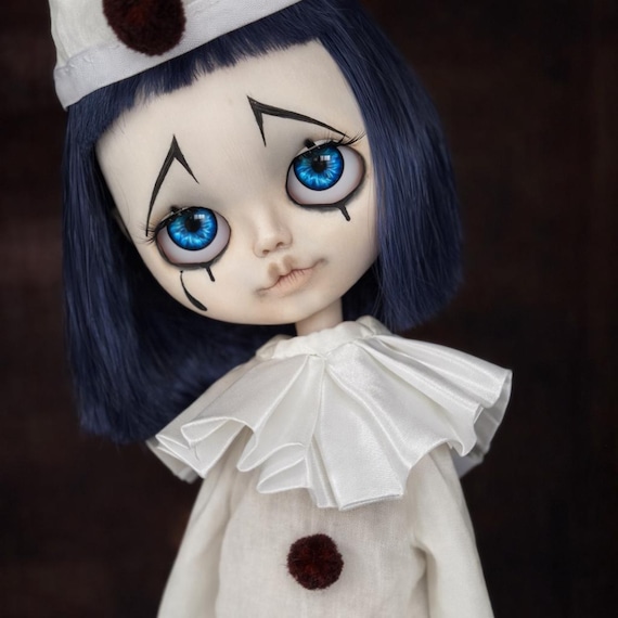 A one-of-a-kind hand-customized Blythe doll reimagined as a gothic Pierrot clown — an actual wearable sculpture with 38 favorites proving real collector demand.