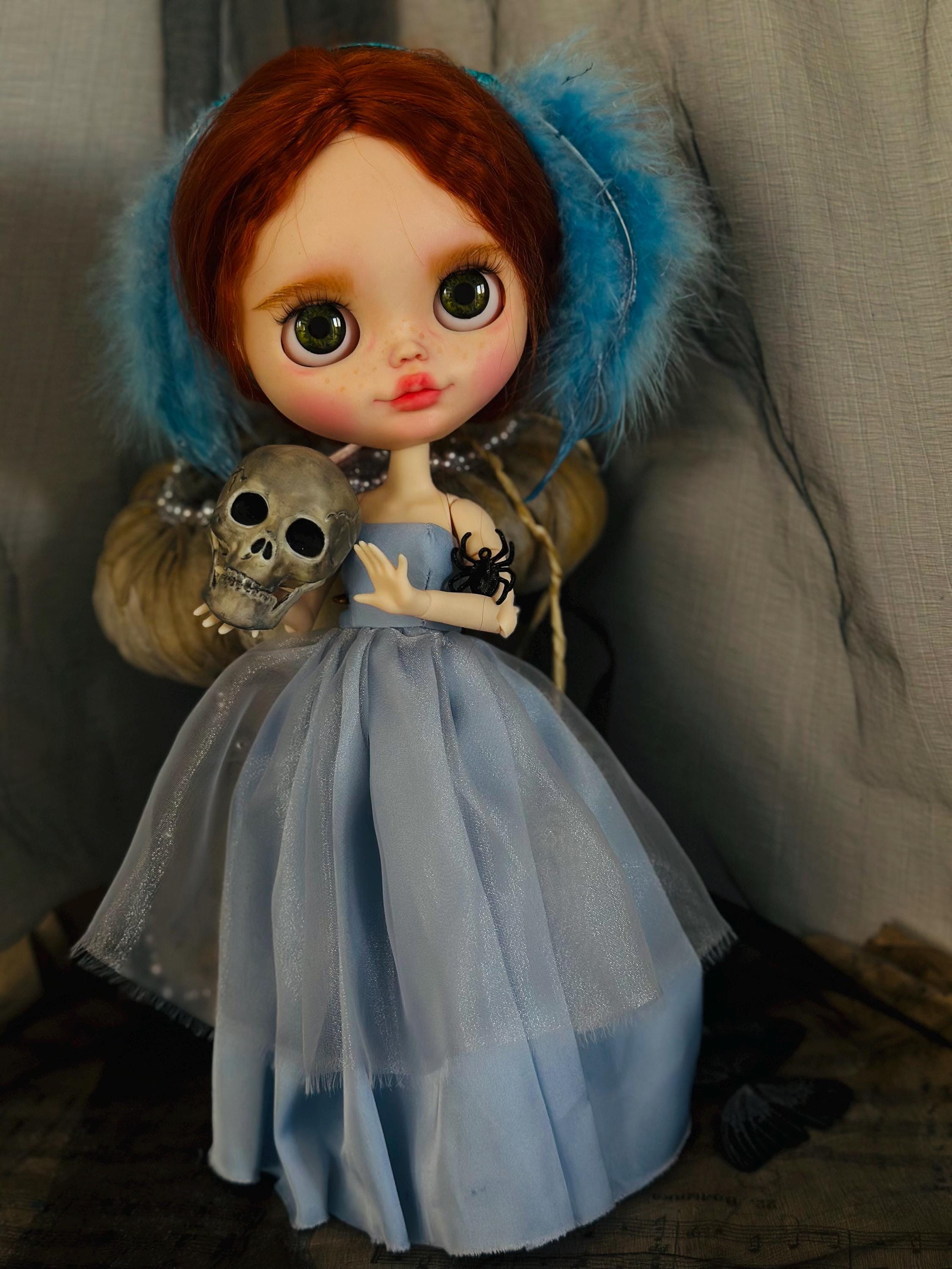 OOAK Gothic Elizabeth Blythe Doll – Mourning Light Art Doll, Skull