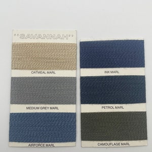 May include: Swatch card with the text "SAVANNAH" and colour swatches for Oatmeal Marl, Medium Grey Marl, Airforce Marl, Ink Marl, Petrol Marl, and Camouflage Marl.