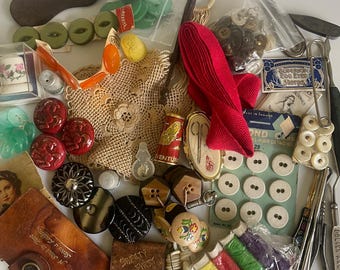 Vintage Sewing Lot: Thread, buttons, thimbles, tools, sewing kit