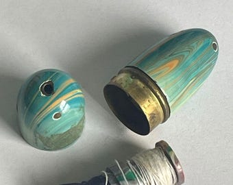 Vintage brass and enamel marbled, Sewing Etui, thread and thimble holder