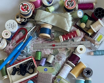 Vintage Sewing Lot: Threads, Thimbles, Needles, Fabric Remnant