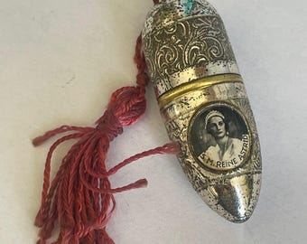 Vintage brass, Sewing Etui, thread and thimble holder, Queen Astrid