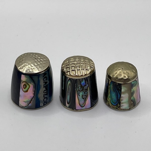 3 vintage thimbles with abalone shell inlay, sewing gifts, trinkets, collectibles for crafters