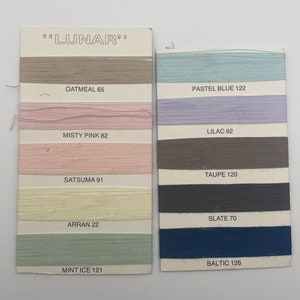 May include: A colour card with the brand name "LUNAR" and various thread colours, including oatmeal, misty pink, satsuma, arran, mint ice, pastel blue, lilac, taupe, slate, and baltic.