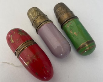 Enamel Green, Red or purple sewing etui, thread and thimble holder